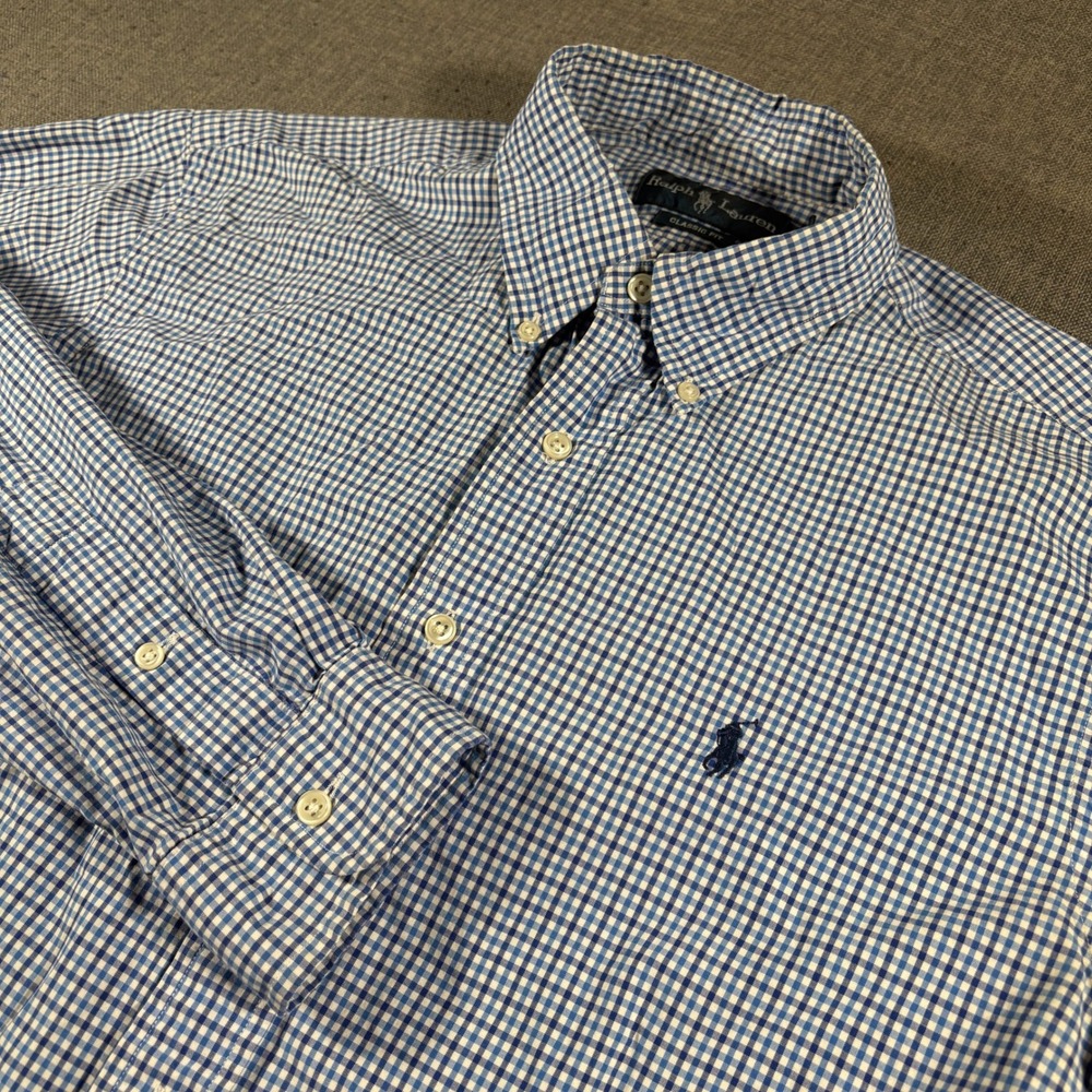 Ralph Lauren Button Down Shirt Mens Large Blue Gingham Classic Fit Long Sleeve